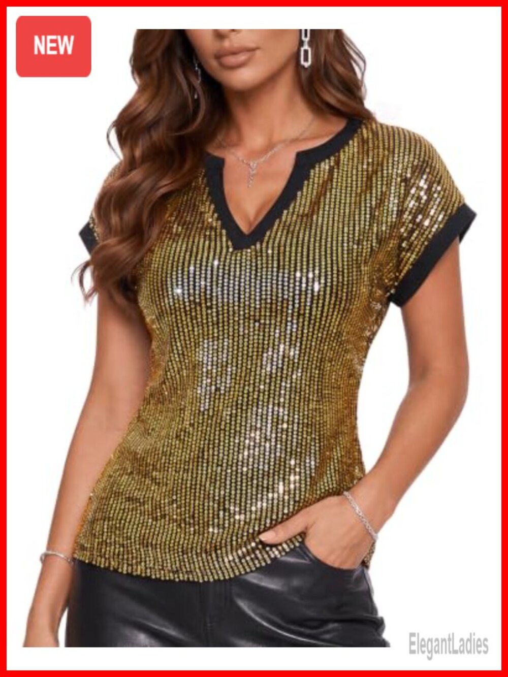 Sequin Top V Neck Sparkly Cap Sleeve Disco Shirt